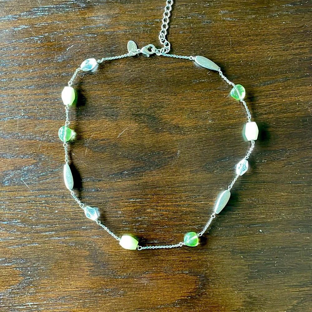 Lia sophia green jade stone choker necklace with extender 16”-18” silver